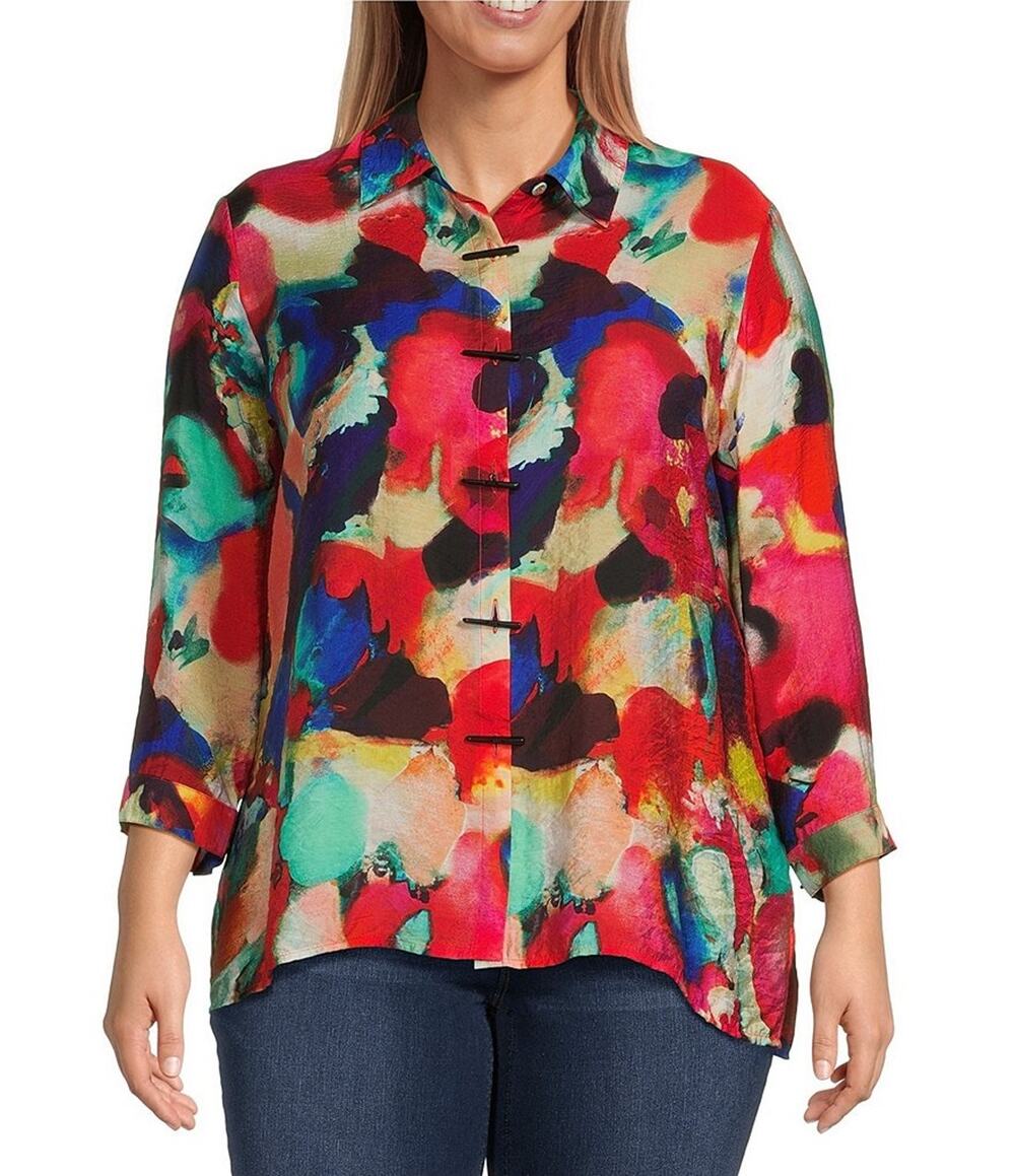 Ali Miles Abstract Print Point Collar Shirt Womens Size Small Artsy Lagenlook